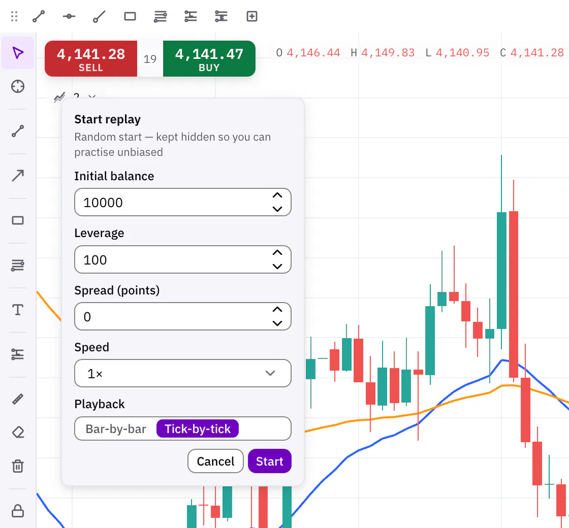 The Trading Lab settings before a replay starts