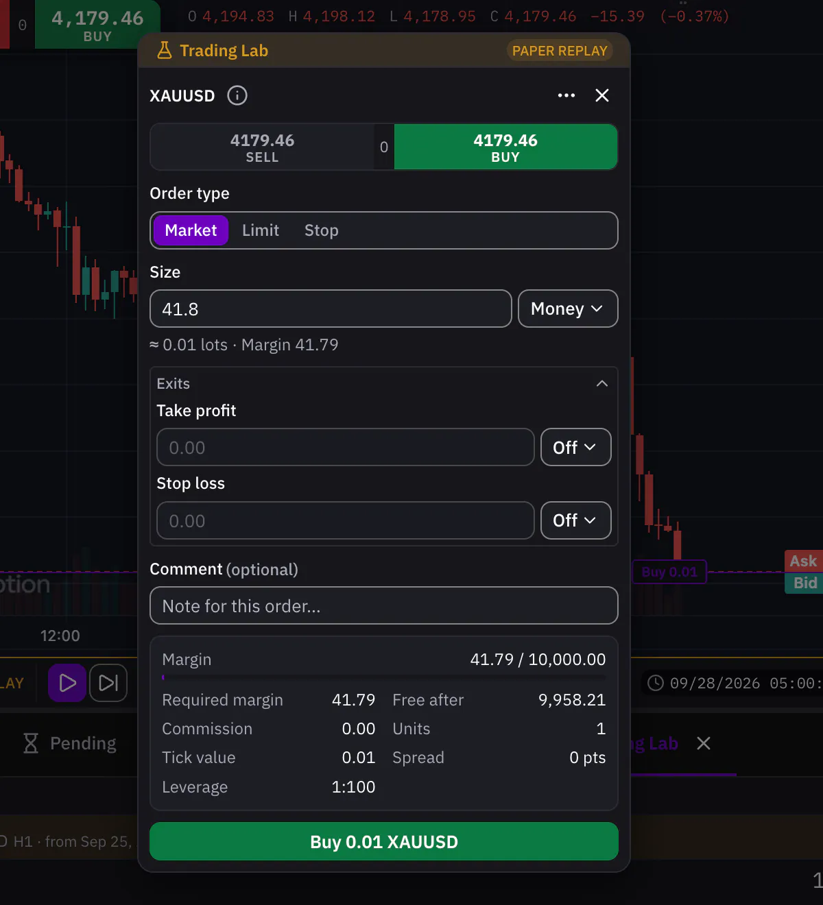 A paper order in the order ticket during a Trading Lab replay