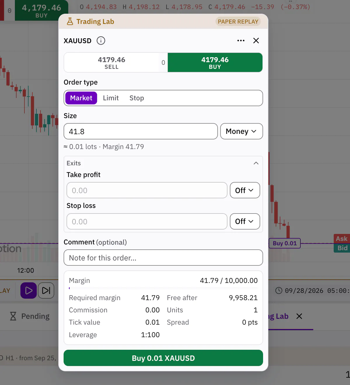 A paper order in the order ticket during a Trading Lab replay