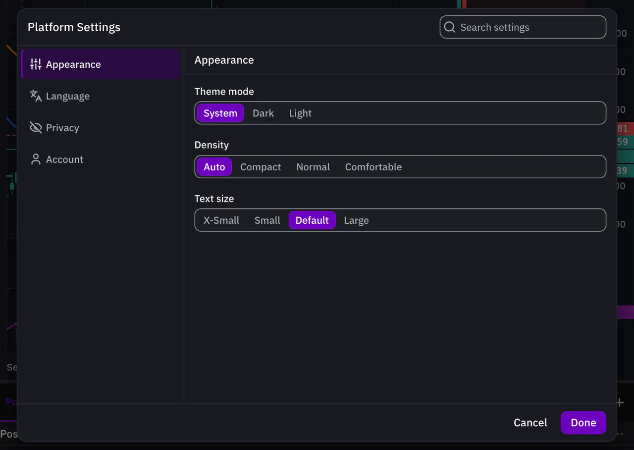 Platform Settings open at Appearance, with theme mode, density and text size