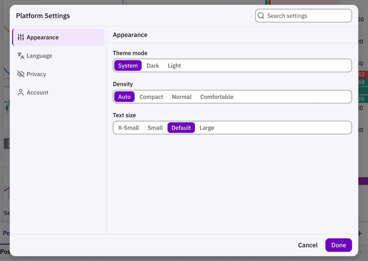 Platform Settings open at Appearance, with theme mode, density and text size