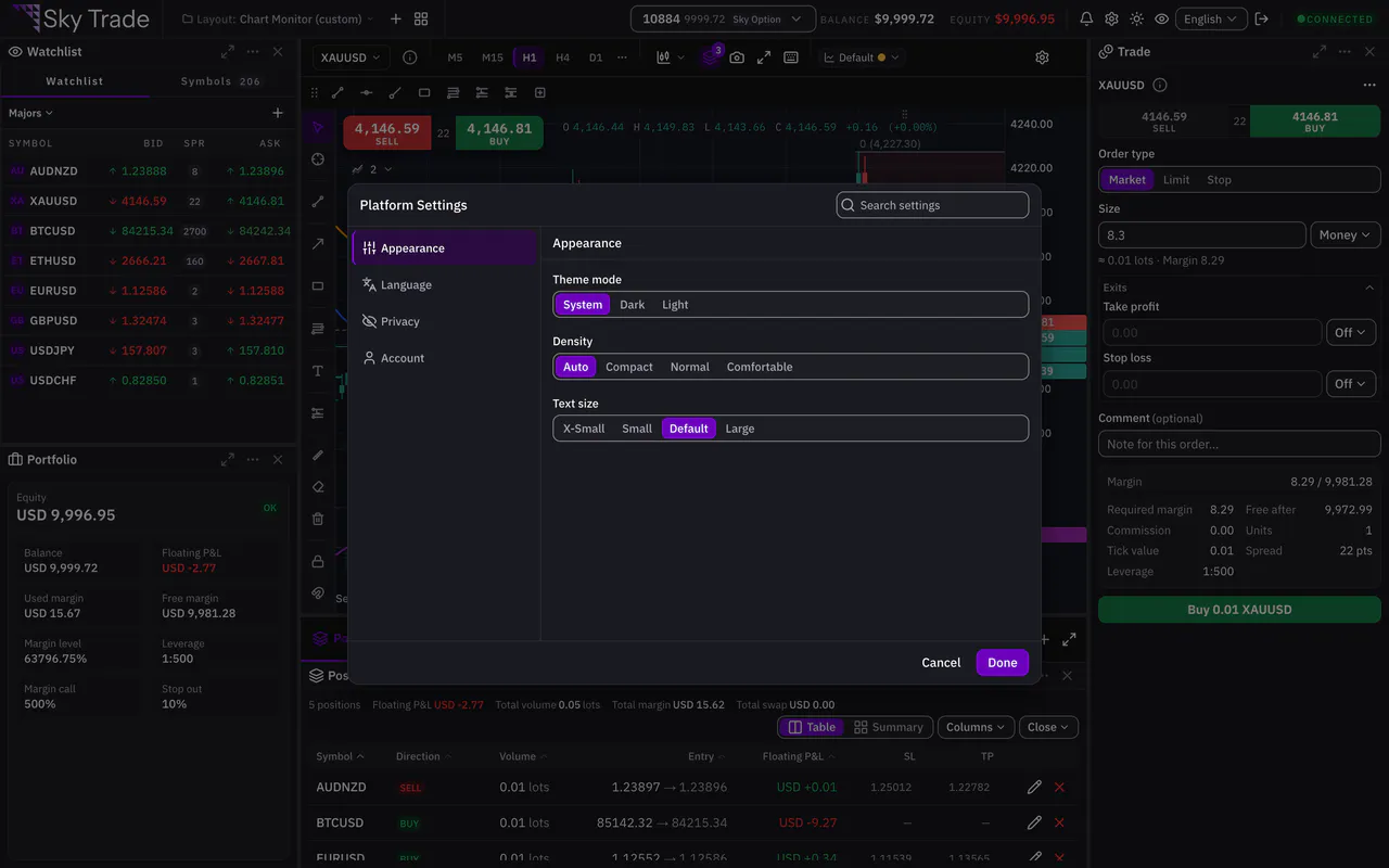 Platform Settings open at Appearance, with theme mode, density and text size