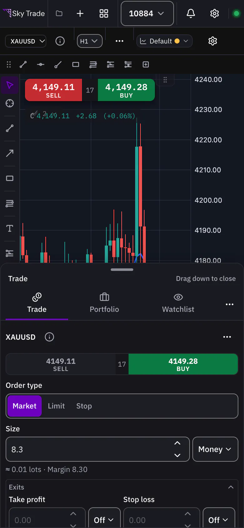 Sky Trade on a phone: the order ticket in the bottom sheet