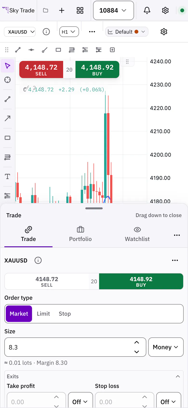 Sky Trade on a phone: the order ticket in the bottom sheet