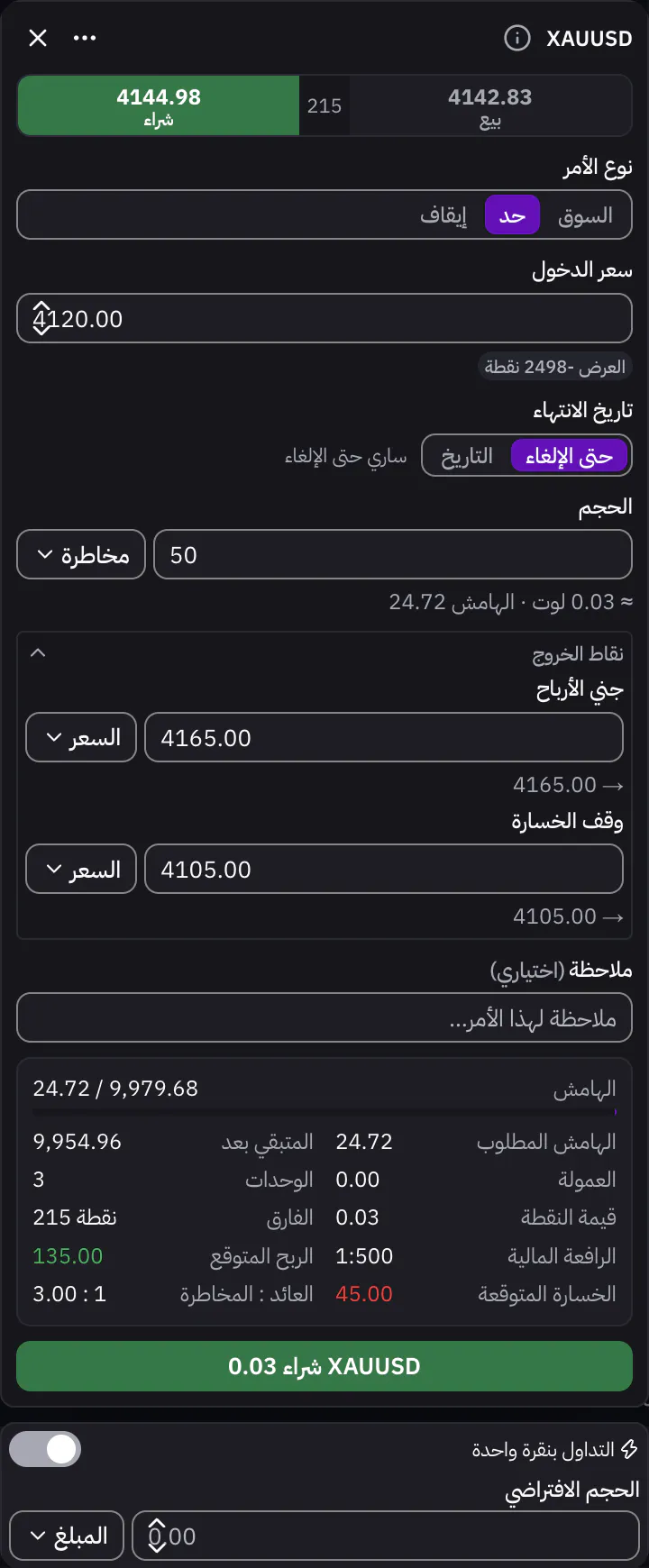 تذكرة الأمر مضبوطة على أمر حد بحجم محسوب حسب المخاطرة، مع جني الأرباح ووقف الخسارة